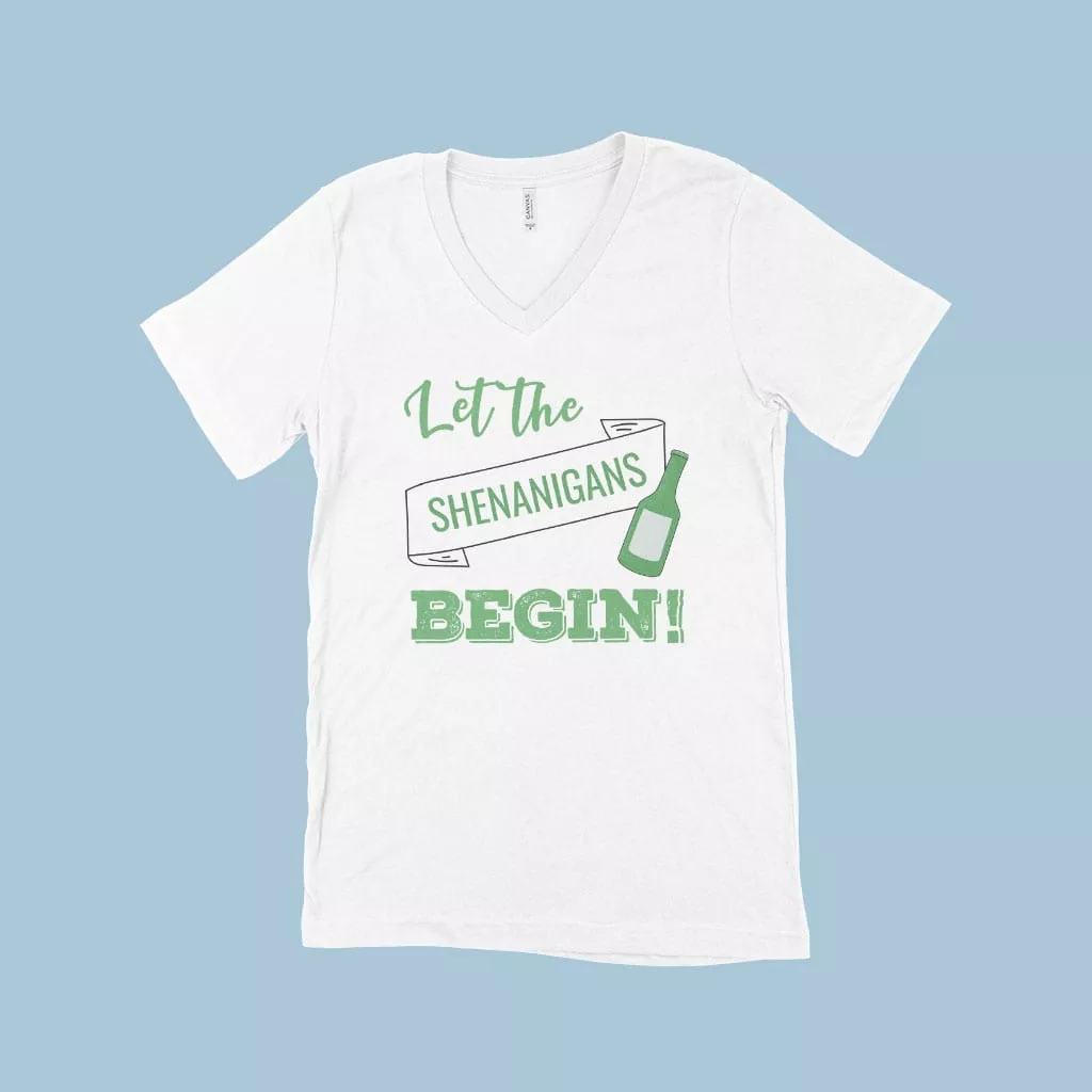 Let The Shenanigans Begin Funny St. Patrick’s Day V-Neck T-Shirt