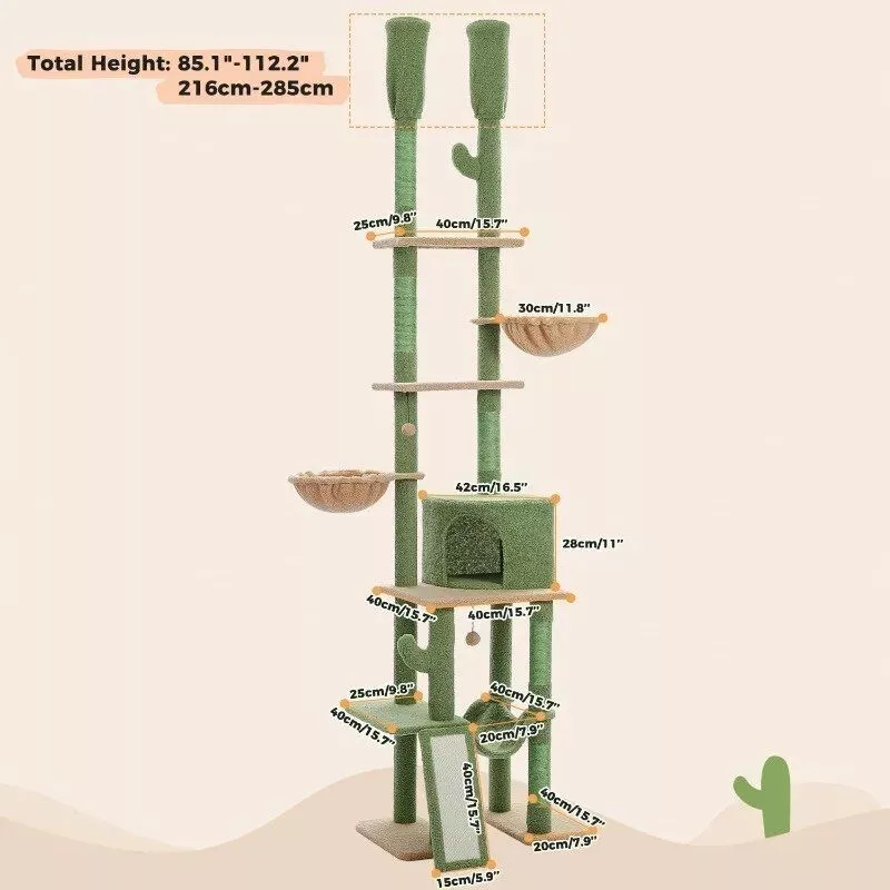 Space-saving Design Cactus Floor-to-Ceiling Cat Tower 7-Tier Adjustable Height Activity Center