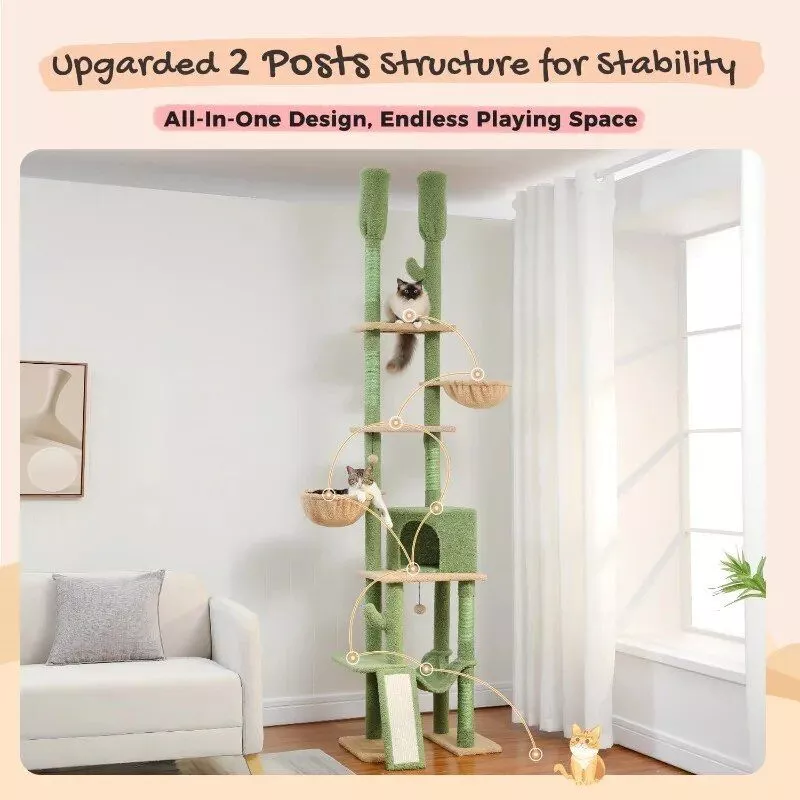 Dual Posts Cactus Floor-to-Ceiling Indoor Cat Tower 7-Tier Adjustable Activity Center