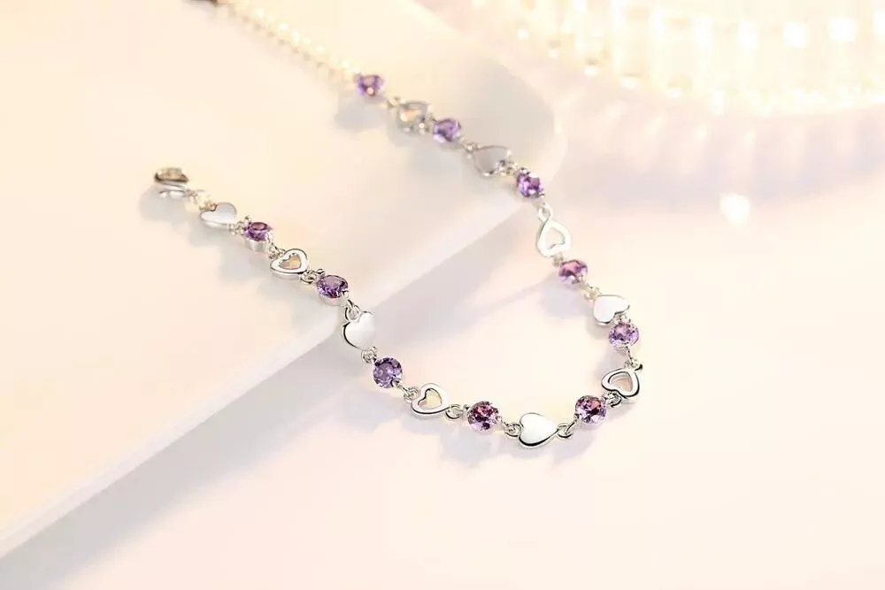 Luxury 925 Sterling Silver Heart Crystal Zirconia Bracelet
