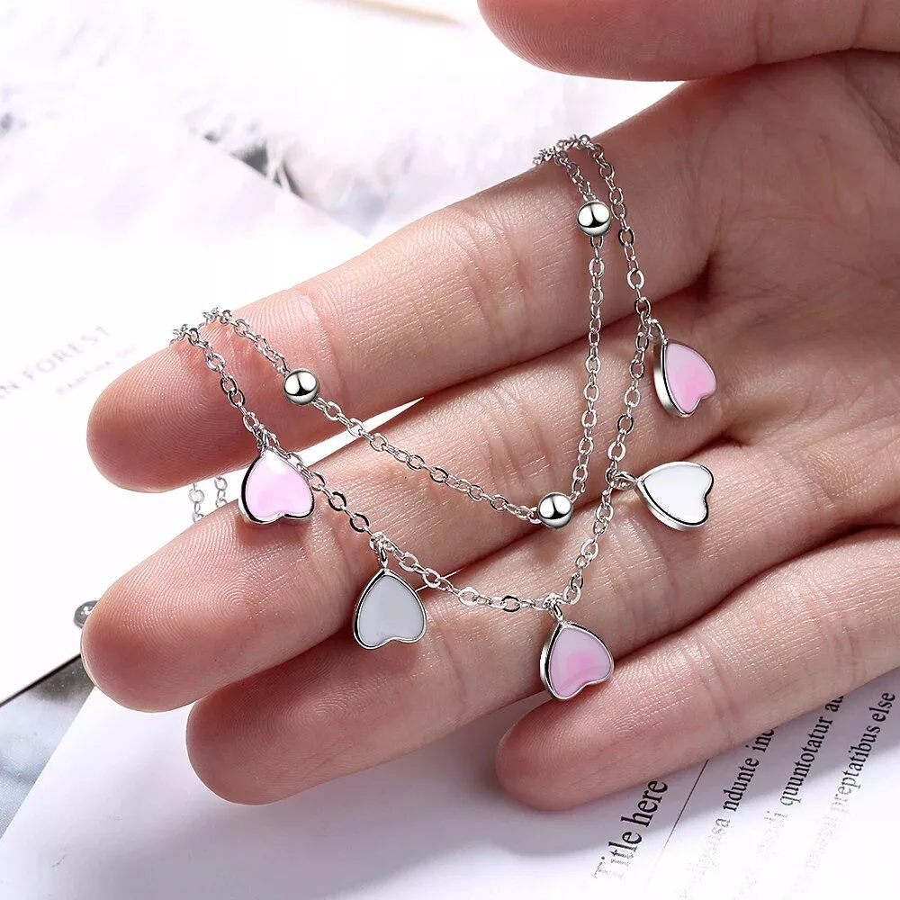 Beautiful 925 Sterling Silver Cherry Blossom Heart Charm Bracelet