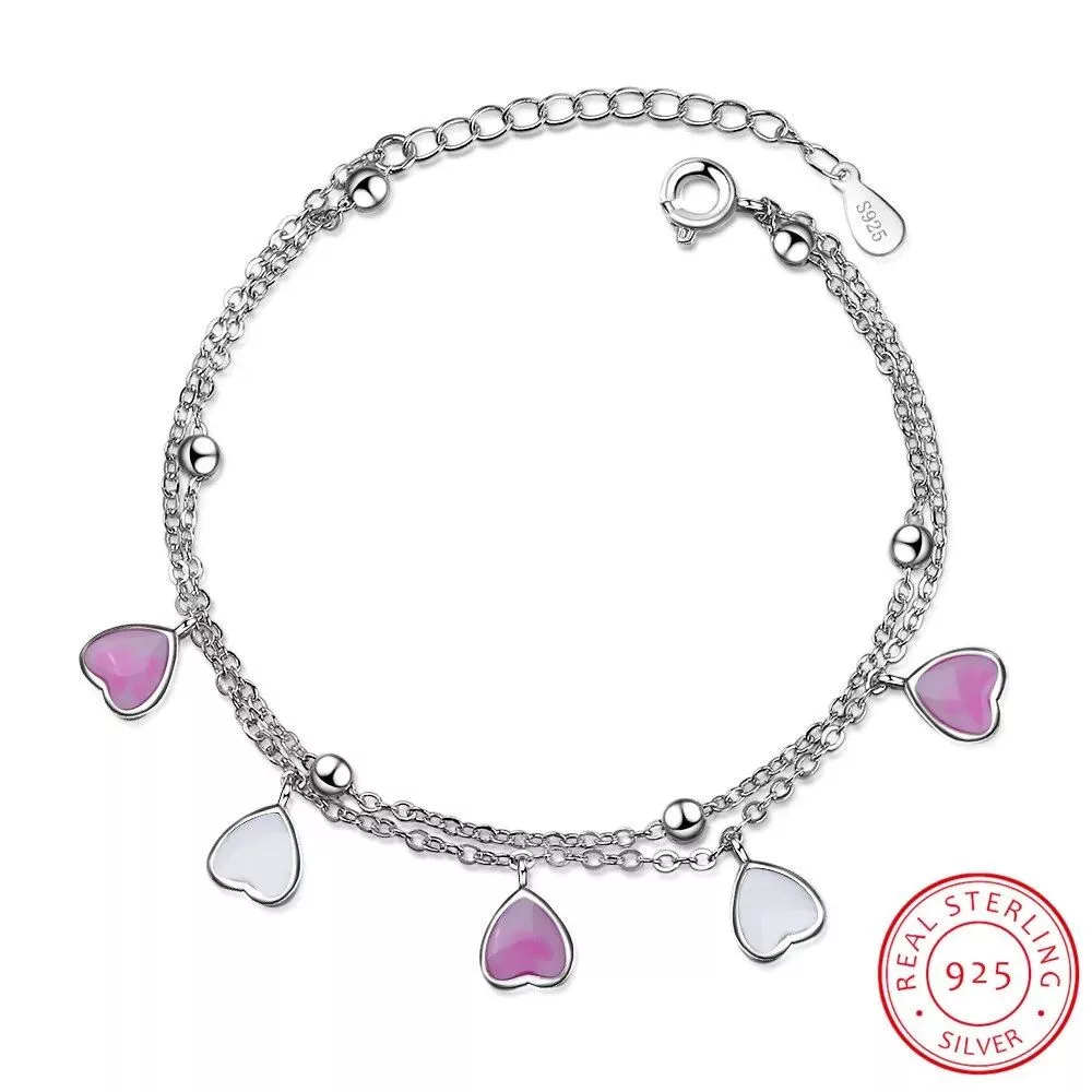 Real 925 Sterling Silver Cherry Blossom Heart Charm Bracelet