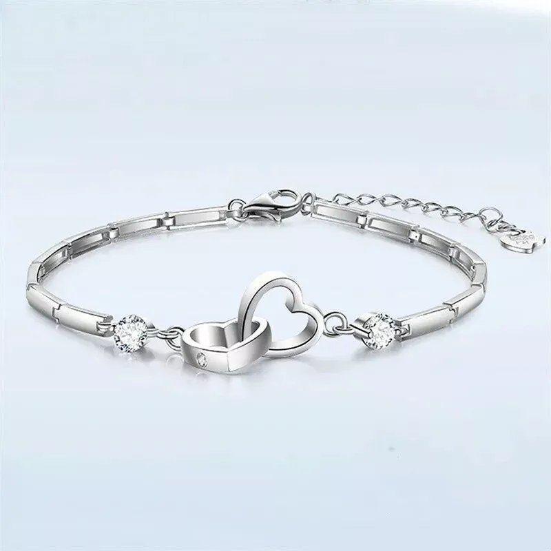 Heart Charm Sterling Silver Bracelet with Cubic Zircon Crystal