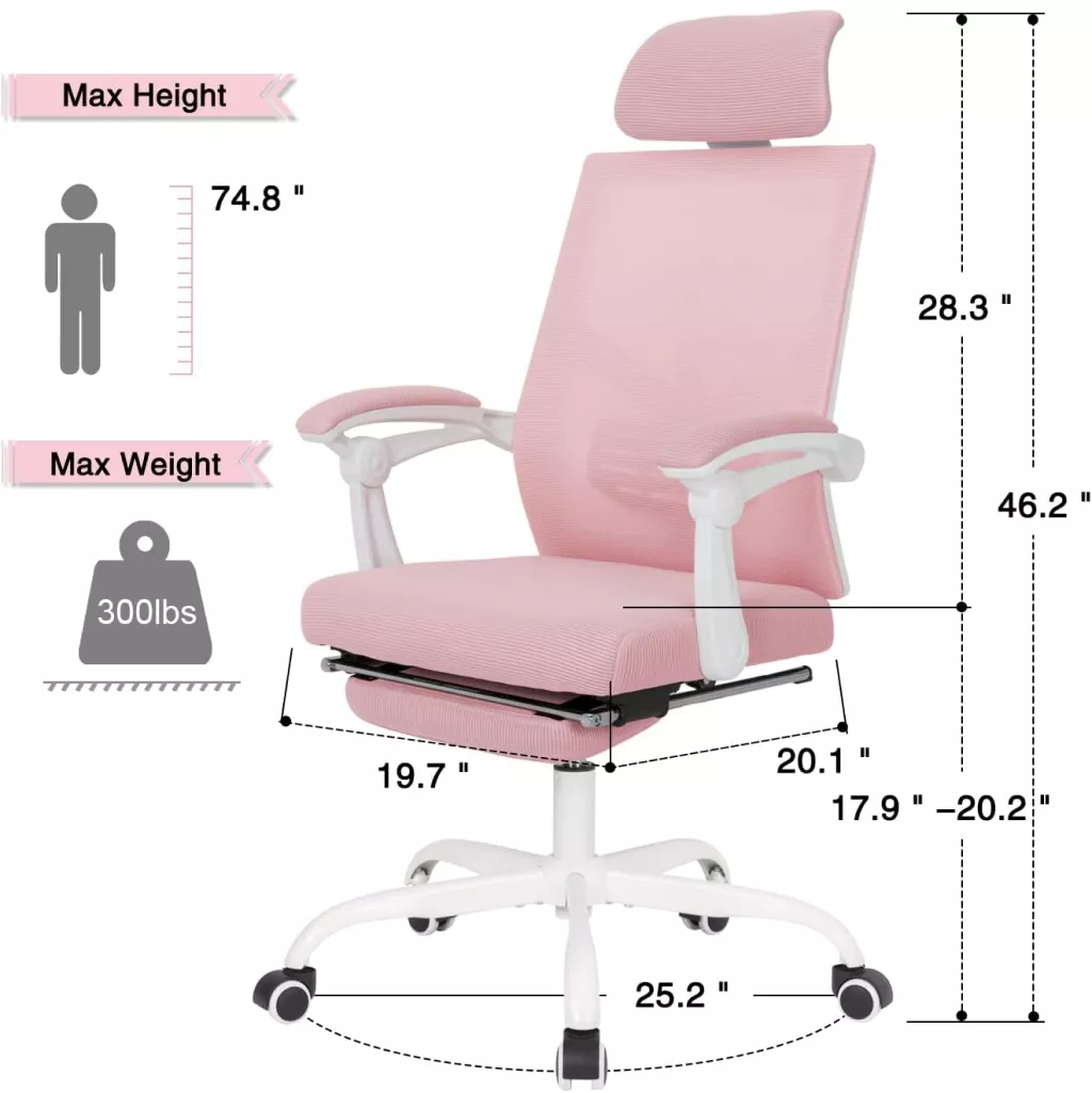 Product Size of Ergonomic Mesh Office Chair with Adjustable Footrest and Headrest