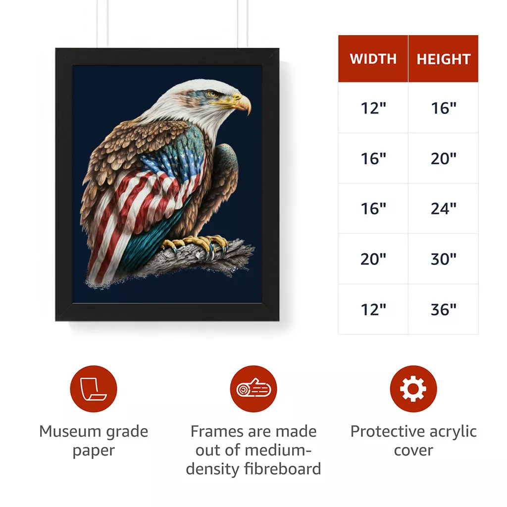 American Flag Bald Eagle Framed Vertical Poster – Printed Poster – Patriotic Framed Vertical Poster