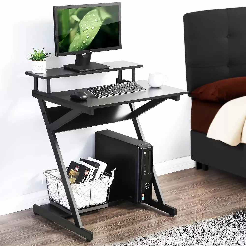 Compact Modern Z-Shaped Computer Desk with Monitor Shelf for Small Spaces