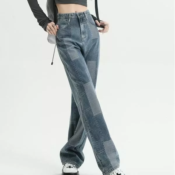 High-Waist Plaid Jacquard Wide-Leg Jeans – Women’s Trendy Autumn Denim