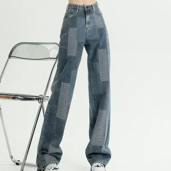 High-Waist Plaid Jacquard Wide-Leg Jeans – Women’s Trendy Autumn Denim