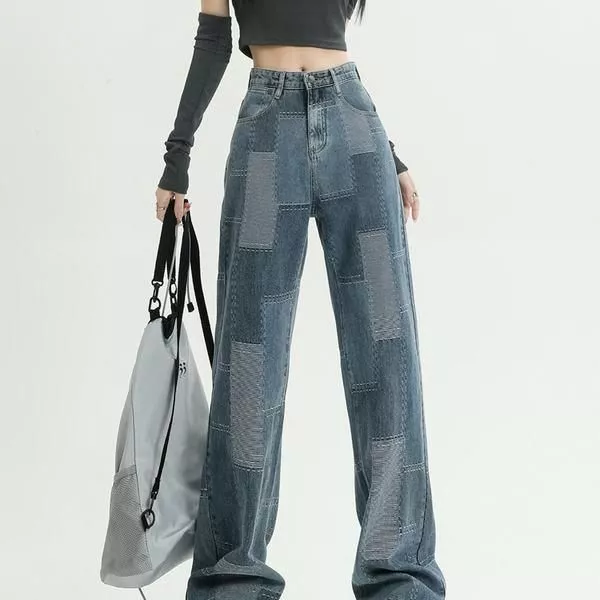 High-Waist Plaid Jacquard Wide-Leg Jeans – Women’s Trendy Autumn Denim