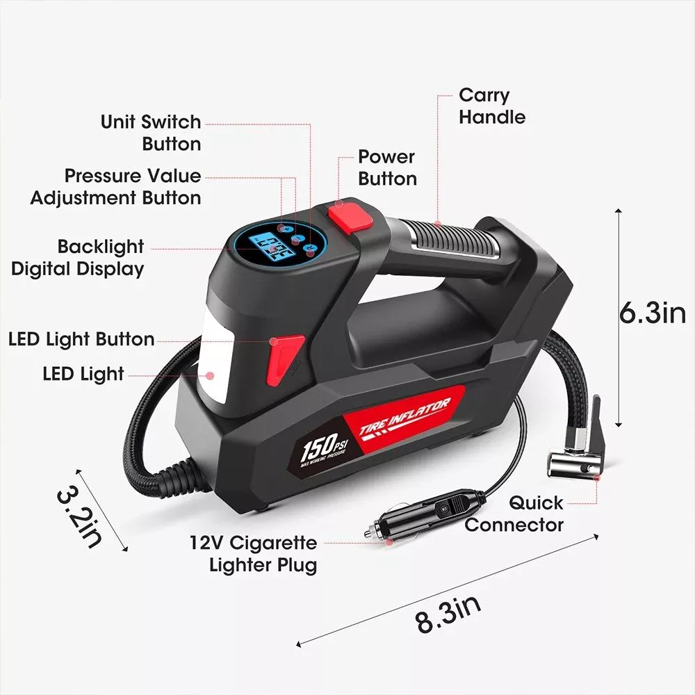 120W Portable Handheld Car Tire Inflator Pump with LED Light and Digital Display