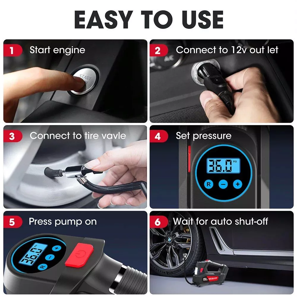 120W Portable Handheld Car Tire Inflator Pump with LED Light and Digital Display