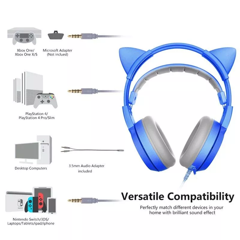 Wired Gaming Headset with Detachable Cat Ears | Blue Stereo Sound for PS4, Xbox, PC & Mobile