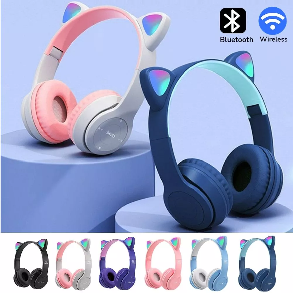 Wireless Cat Ear Bluetooth Headphones with Glowing LED Lights – Over-Ear Gaming & Music Headset for Kids & Adults