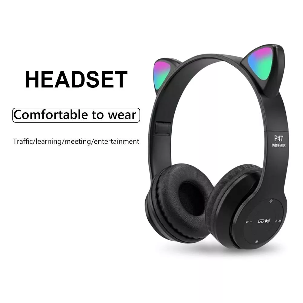Wireless Cat Ear Bluetooth Headphones with Glowing LED Lights – Over-Ear Gaming & Music Headset for Kids & Adults