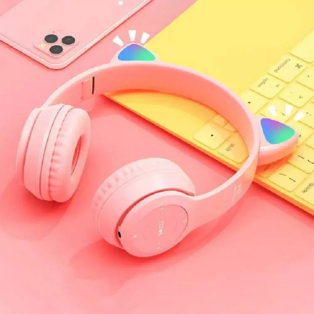 Wireless Cat Ear Bluetooth Headphones with Glowing LED Lights – Over-Ear Gaming & Music Headset for Kids & Adults
